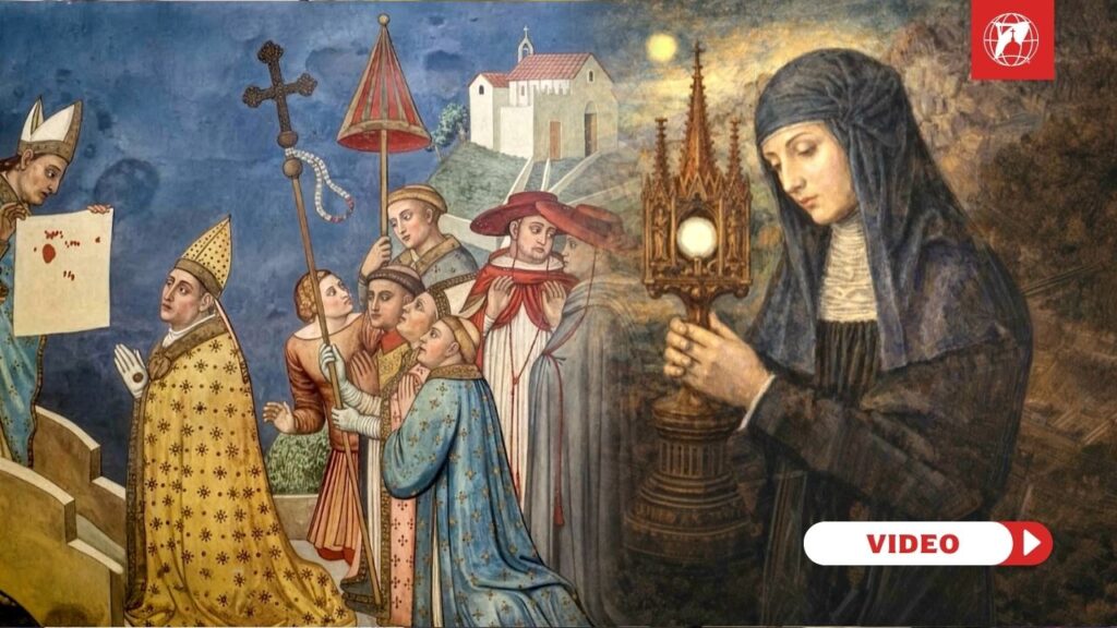 The Miracle of Bolsena, fresco in the Chapel of the Miracle in the Cathedral of Orvieto, graphic designed in Canva with an image of St. Juliana of Liege. Credit: EWTN Vatican