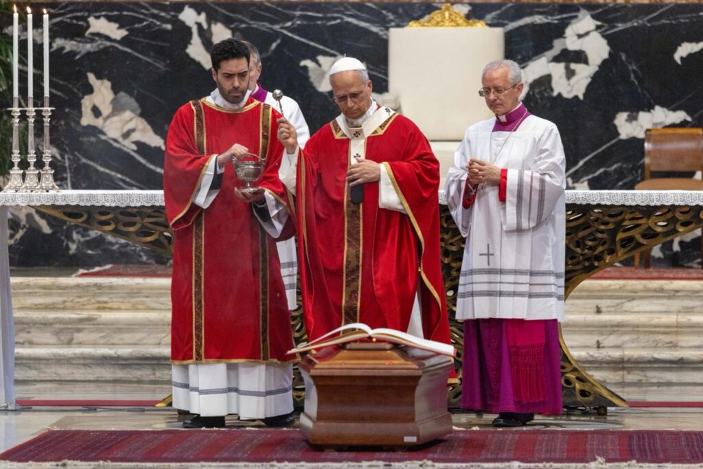 Pope Leo XIV celebrates the funeral Mass for Italian Cardinal Camillo Ruini on June 18, 2026, in St. Peter’s Basilica at the Vatican. | Credit: Daniel Ibáñez/EWTN News