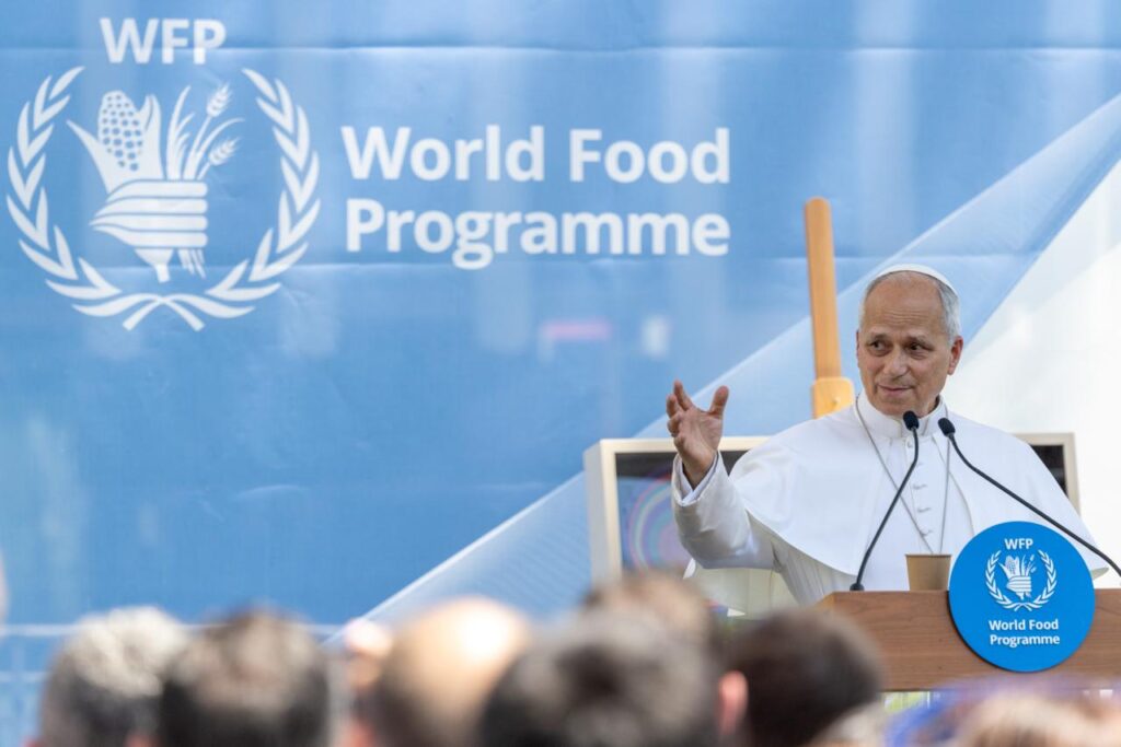 Pope Leo XIV delivers remarks at the headquarters of the UN World Food Programme (WFP) in Rome on June 22, 2026. | Credit: Daniel Ibáñez/EWTN News