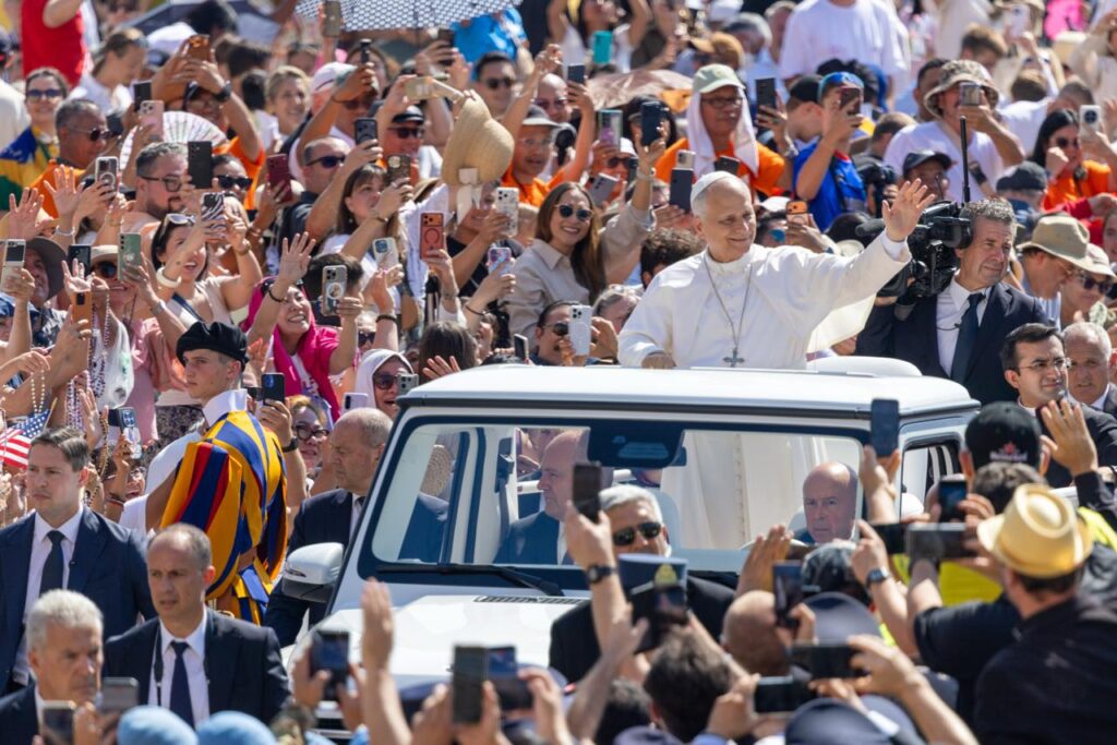 Pope Leo XIV greets pilgrims gathered for his weekly public audience in St. Peter's Square at the Vatican on June 24, 2026. | Credit: Daniel Ibáñez/EWTN News