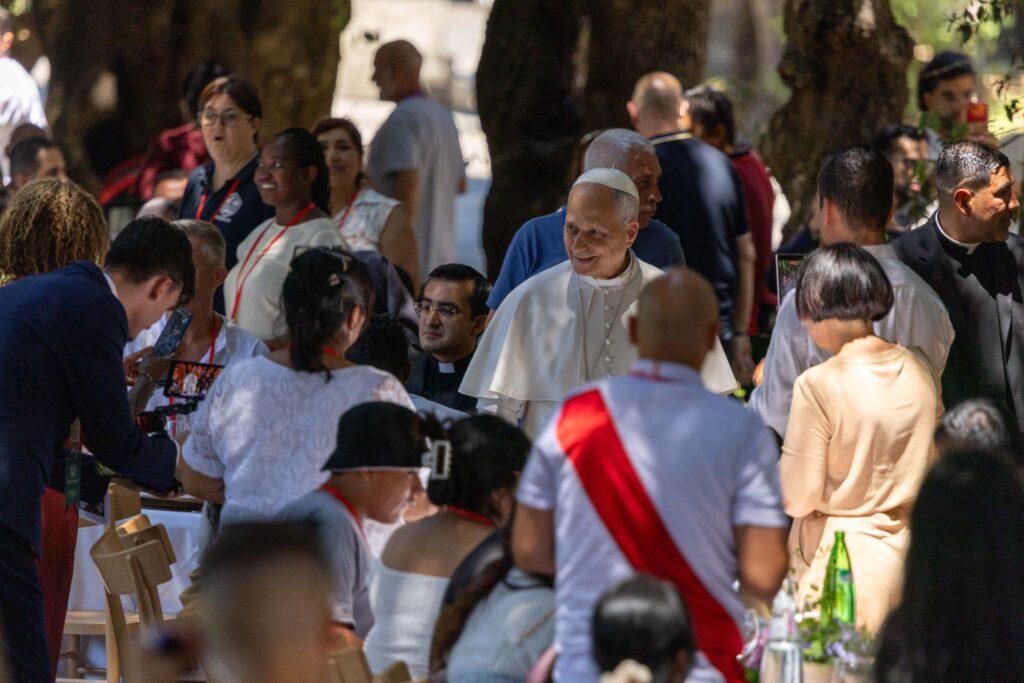Pope Leo XIV greets guests during a lunch for poor people at Castel Gandolfo outside of Rome, July 11, 2026. The event was the second lunch the pope has hosted with those facing poverty since the beginning of his pontificate. | Credit: Daniel Ibáñez/EWTN News