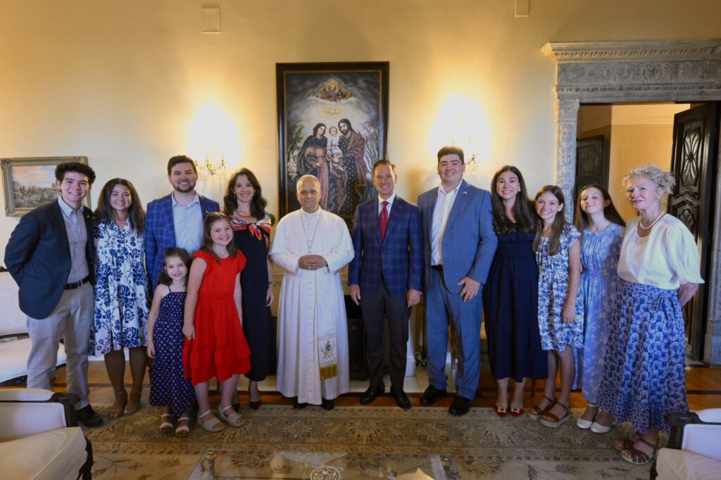 Pope Leo XIV with U.S. Ambassador Brian Burch and his family at the ambassador's residence on July 4, 2026. | Credit: U.S. Embassy to the Holy See