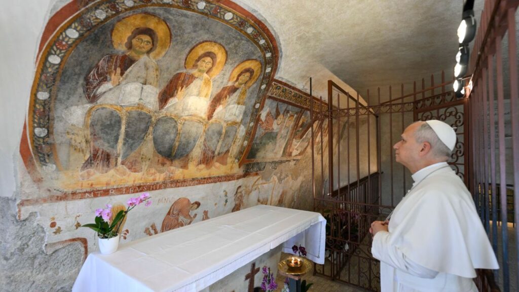 Pope Leo XIV stands before a fresco of the Trinity at the Sanctuary of the Most Holy Trinity in Vallepietra in Italy on July 22, 2026. | Credit: Vatican Media