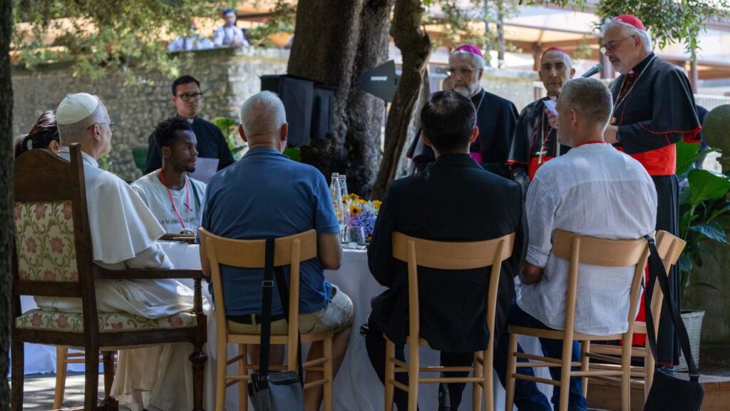 Cardinal Fabio Baggio speaks during a lunch for poor people at Castel Gandolfo outside of Rome, July 11, 2026. The event was the second lunch Pope Leo XIV has hosted with those facing poverty since the beginning of his pontificate. | Credit: Daniel Ibáñez/EWTN News