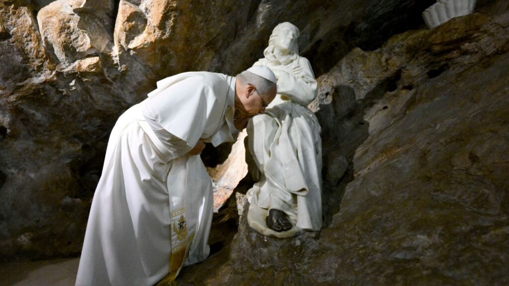 Pope Leo XIV kisses the knee of a statue of St. Benedict of Nursia at the St. Benedict Abbey in Subiaco, Italy, on July 22, 2026. | Credit: Vatican Media