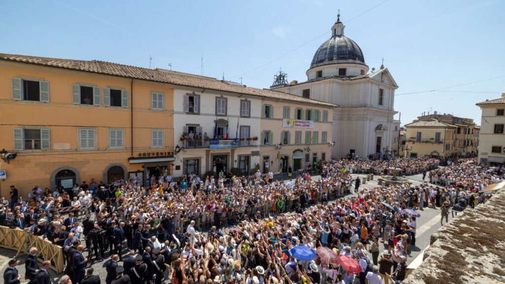 Pope Leo XIV greets the crowds after his Sunday Angelus on July 12, 2026, at the Piazza della Libertà at Castel Gandolfo. | Credit: Daniel Ibanez/EWTN News