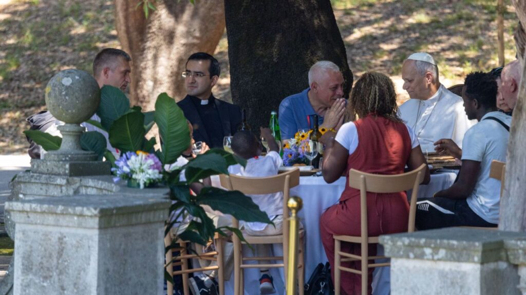 Pope Leo XIV dines with guests during a lunch for poor people at Castel Gandolfo outside of Rome, July 11, 2026. The event was the second lunch the pope has hosted with those facing poverty since the beginning of his pontificate. | Credit: Daniel Ibáñez/EWTN News