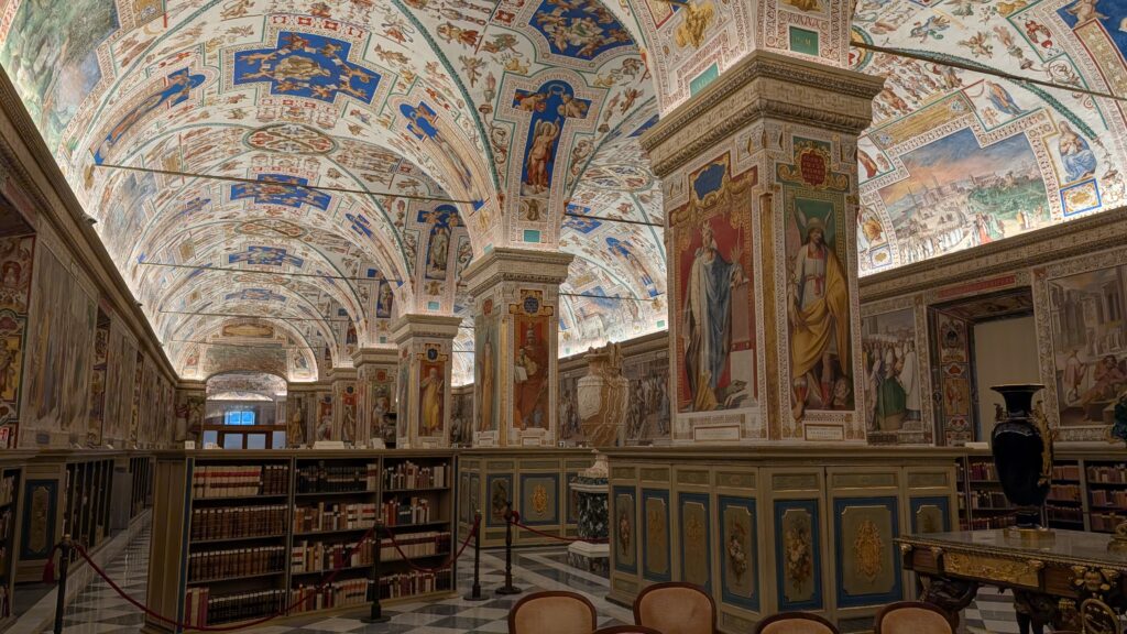 The Sistine Hall of the Vatican Apostolic Library, its main exhibition and historical reading room, features vaulted, frescoed ceilings. | Credit: Ishmael Adibuah/EWTN News