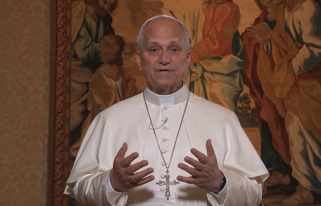 Pope Leo XIV speaks via a video address to the Eucharistic pilgrimage at its concluding Mass in Philadelphia, July 5, 2026. | Credit: Photo courtesy of The Holy See