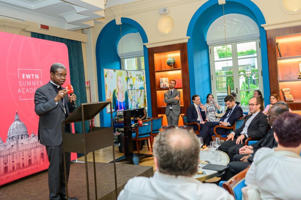 Archbishop Fortunatus Nwachukwu gives the keynote address at the closing dinner for the EWTN Summer Academy in Rome on July 1, 2026. | Credit: Lemmy Ogbonnaya Ijioma/EWTN Summer Academy