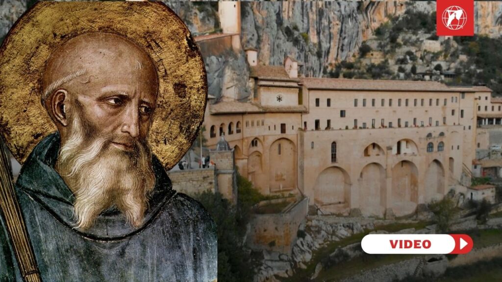 St. Benedict (credit: Public Domain) and the Monastery of Subiaco (credit: EWTN Vatican).