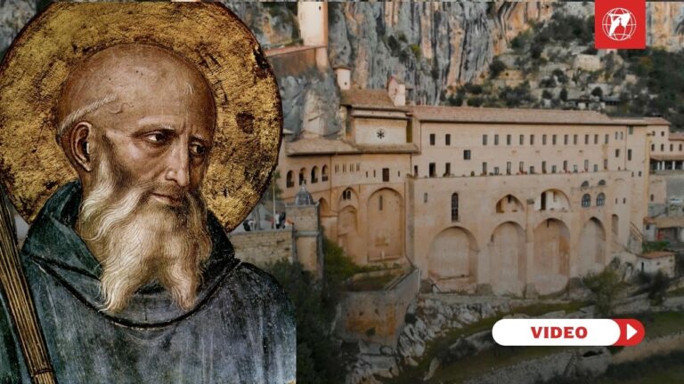 St. Benedict (credit: Public Domain) and the Monastery of Subiaco (credit: EWTN Vatican).