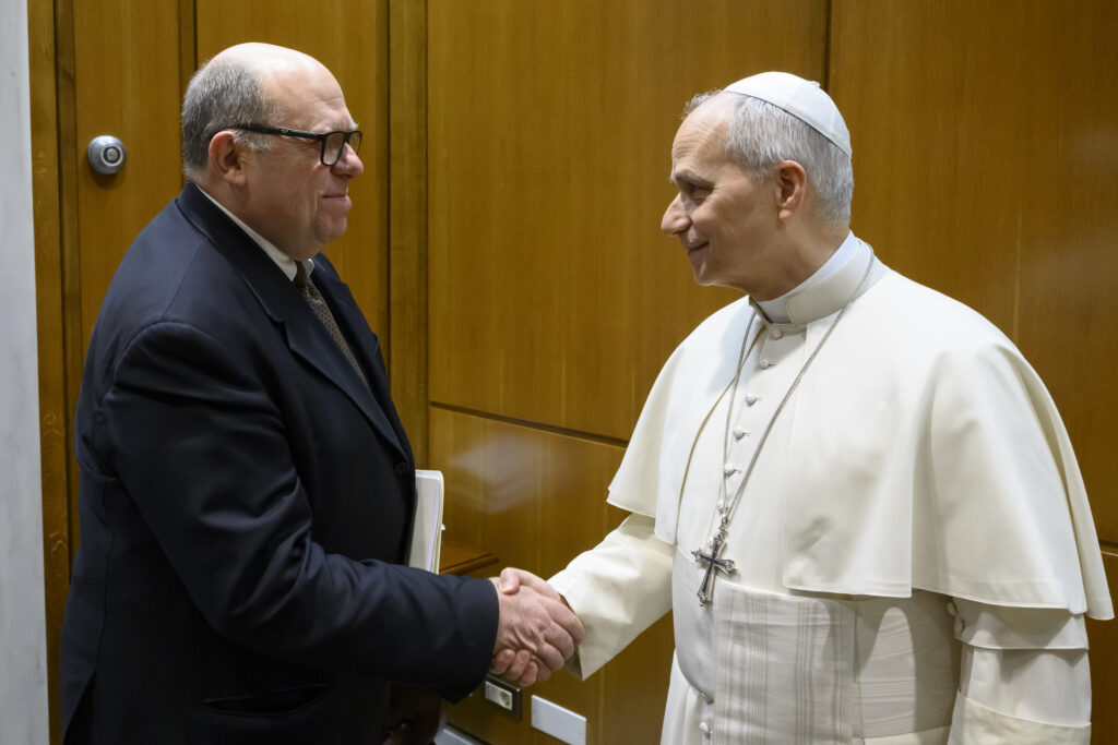 Journalist Alessandro Banfi greets Pope Leo XIV during a meeting on March 18, 2026. | Credit: Photo courtesy of Alessandro Banfi