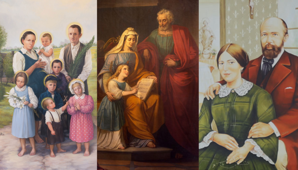 From left to right: A painting of the Ulma family; a painting of St. Joachim, the little Virgin Mary, and St. Anne in the Church of San Francesco in Reggio Emilia, Italy; and a tapestry of Blessed Louis and Zelie Martin, parents of St. Thérèse of Lisieux, hanging in St. Peter’s Square Oct. 16, 2015, in preparation for their canonization on Oct. 18, 2015. | Credit: The Polish Episcopal Conference; Renata Sedmakova/Shutterstock; Daniel Ibanez/EWTN News