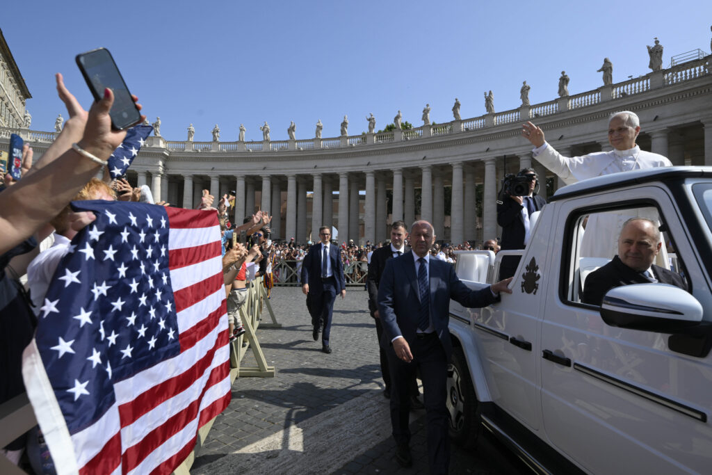 Pope Leo XIV waves as the popemobile passes by a crowd of American pilgrims gathered in St. Peter’s Square for the pope’s general audience on June 18, 2025, at the Vatican. | Credit: Vatican Media