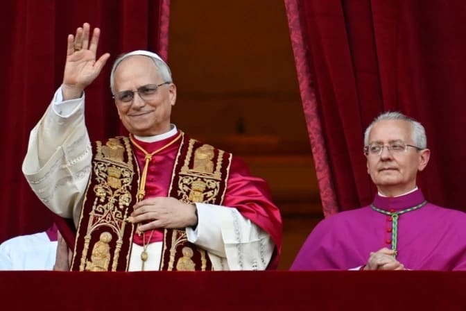 Pope Leo XIV looks out from the central balcony of St. Peter’s Basilica after his election on May 8, 2025. | Credit: Vatican Media