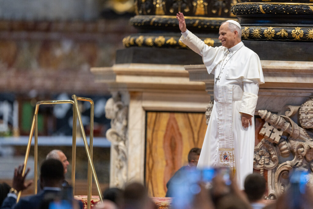 Pope Leo XIV waves to pilgrims in St. Peter’s Basilica during the general audience on Aug. 5, 2026. | Credit: Daniel Ibáñez/EWTN News