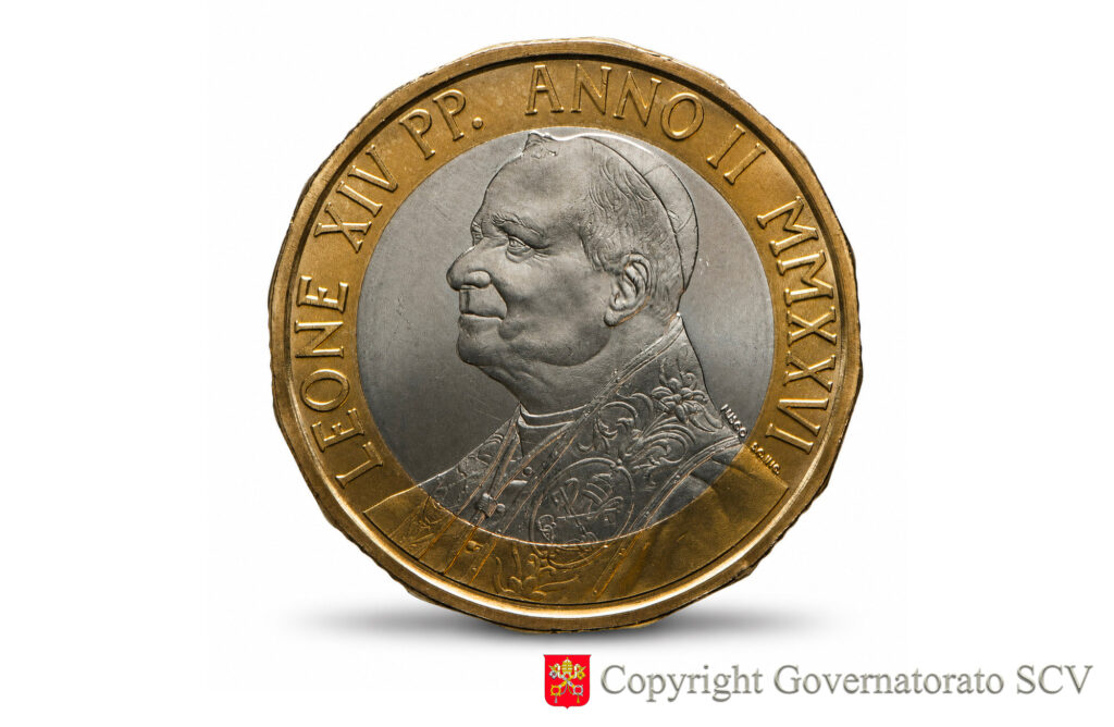 Pope Leo XIV’s image on a 5-euro commemorative Vatican coin, part of a collector coin set honoring the new pontificate. | Credit: Governatorato SCV
