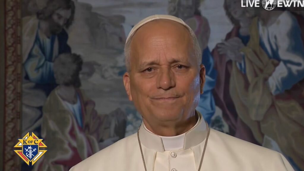 Pope Leo XIV addresses, via a videotaped message, the Knights of Columbus 144th Supreme Convention Opening Session in Denver on Aug. 4, 2026. | Credit: EWTN/Screenshot
