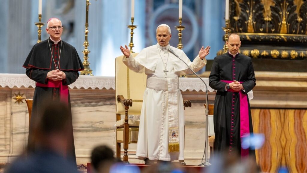 Pope Leo XIV addresses pilgrims during his general audience on Wednesday, Aug. 5, 2026, in St. Peter’s Basilica. | Credit: Daniel Ibañez/EWTN News