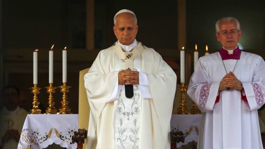 Pope Leo XIV celebrates Mass at Maria Santissima del Lago, Castel Gandolfo, Aug. 29, 2026. Leo later took part in a Marian procession on nearby Lake Albano, becoming the first pope to travel by boat across the waters there according to the Vatican. | Credit: Zofia Czubak/EWTN News