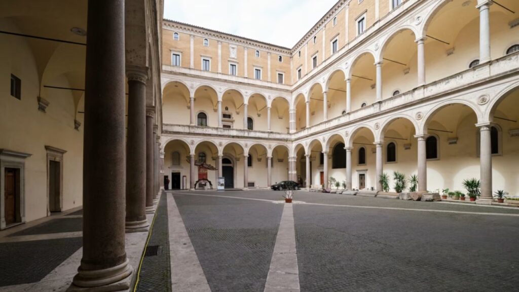 The courtyard of the Palazzo della Cancelleria, a Renaissance palace in Rome, which serves as the headquarters of the Supreme Tribunal of the Apostolic Signatura. | Credit: Alexander Reuter/Shutterstock