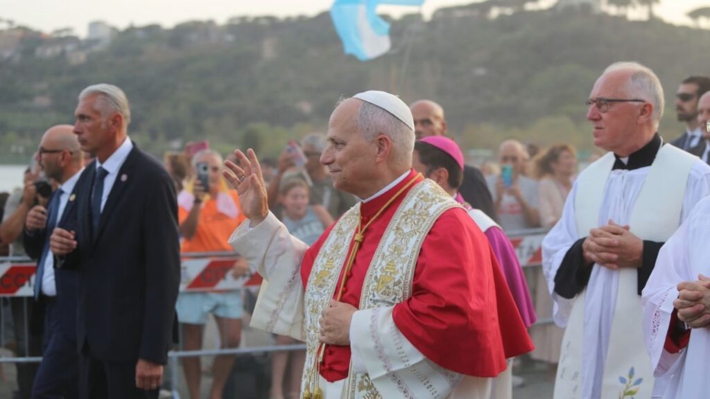 Pope Leo XIV greets pilgrims at Lake Albano, Castel Gandolfo, Aug. 29, 2026. Leo took part in a Marian procession on the lake, becoming the first pope to travel by boat across the waters there according to the Vatican. | Credit: Zofia Czubak/EWTN News