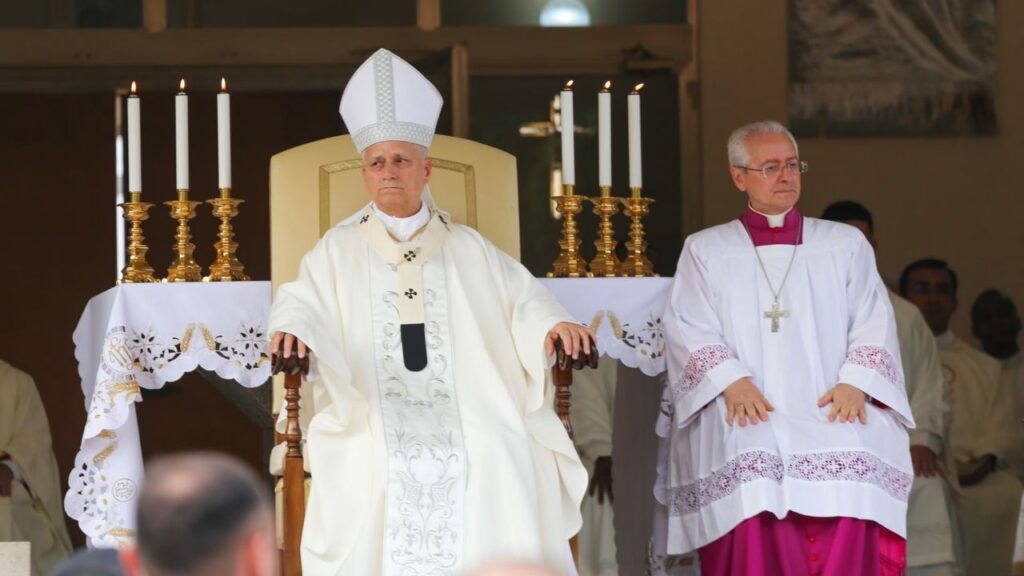 Pope Leo XIV celebrates Mass at Maria Santissima del Lago, Castel Gandolfo, Aug. 29, 2026. Leo later took part in a Marian procession on nearby Lake Albano, becoming the first pope to travel by boat across the waters there according to the Vatican. | Credit: Zofia Czubak/EWTN News