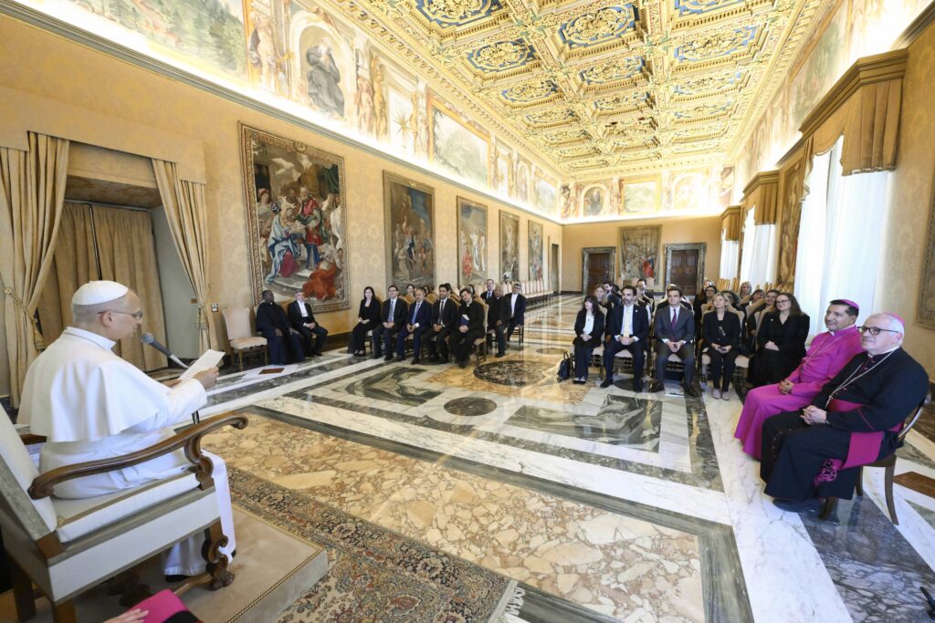 Pope Leo XIV delivers his remarks during his private audience with participants on drug addiction, promoted by the Pontifical Commission for Latin America (CAL), at the Apostolic Palace at the Vatican on Aug. 27, 2026. | Credit: Vatican Media