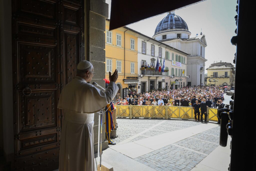 Pope Leo XIV addresses pilgrims gathered in Piazza della Libertà at Castel Gandolfo, Italy, for the recitation of the Angelus on August 30, 2026. | Credit: Vatican Media