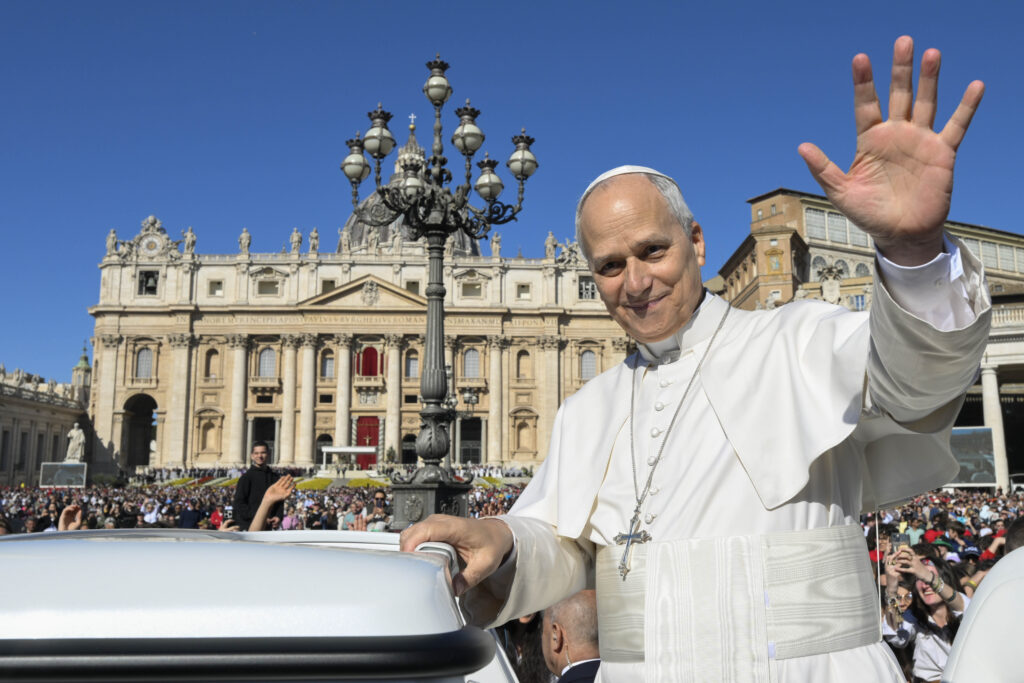 Pope Leo XIV waves to pilgrims gathered in St. Peter’s Square for his general audience on Wednesday, April 8, 2026, at the Vatican. | Credit: Vatican Media