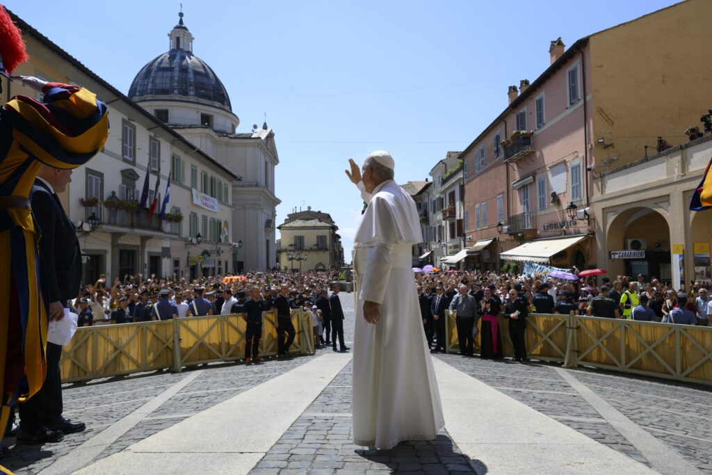 Pope Leo XIV waves to the faithful gathered at the Piazza della Libertà at Castel Gandolfo for his Sunday Angelus on Aug. 16, 2026. | Credit: Vatican Media