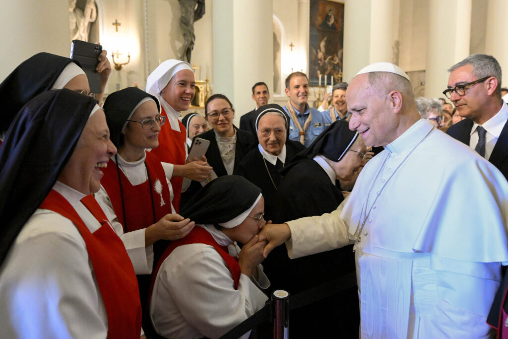 Religious sisters greet Pope Leo XIV at the Basilica di San Marino, Aug. 22, 2026. | Credit: Vatican Media