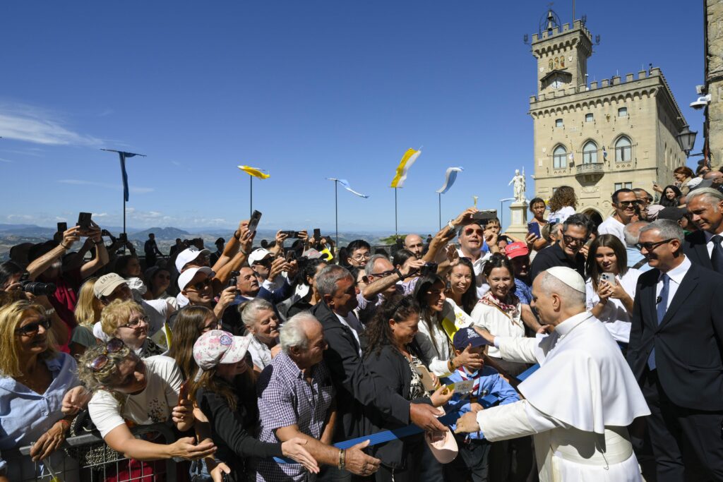 Pope Leo XIV greets the faithful at the Basilica of Saint Marinus in San Marino, Aug. 22, 2026. | Credit: Vatican Media