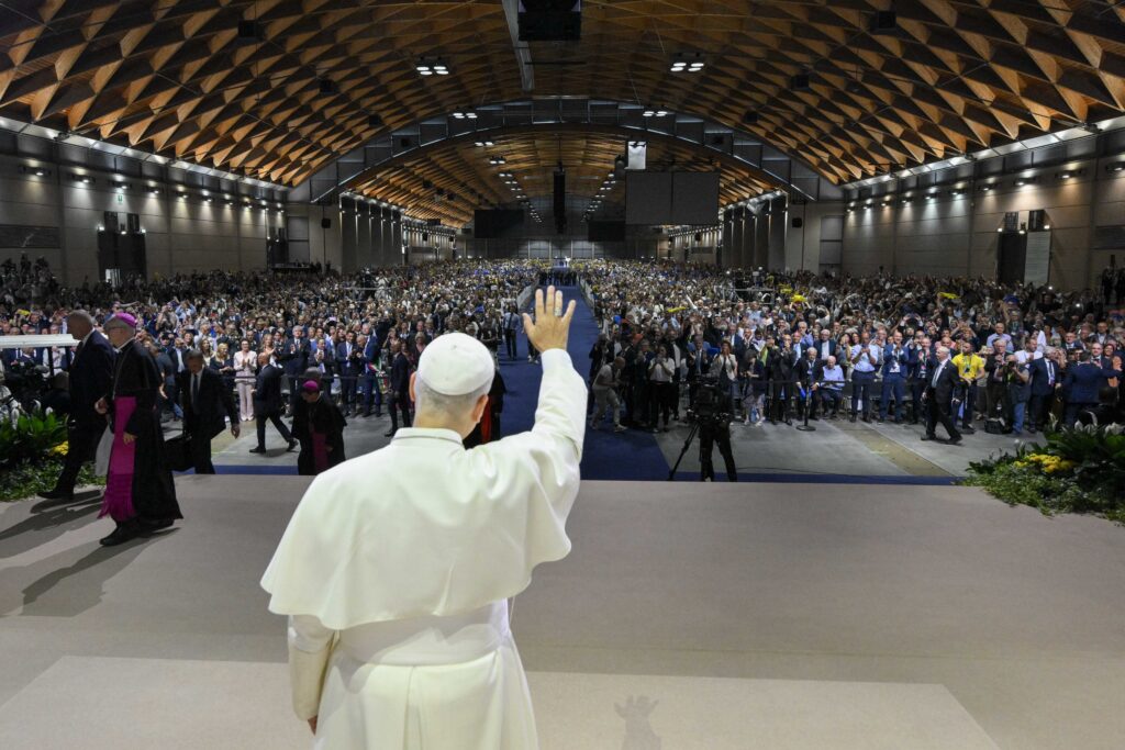 Pope Leo XIV greets the 47th Meeting for Friendship Among the Peoples in Rimini, Italy, Aug. 22, 2026. | Credit: Vatican Media