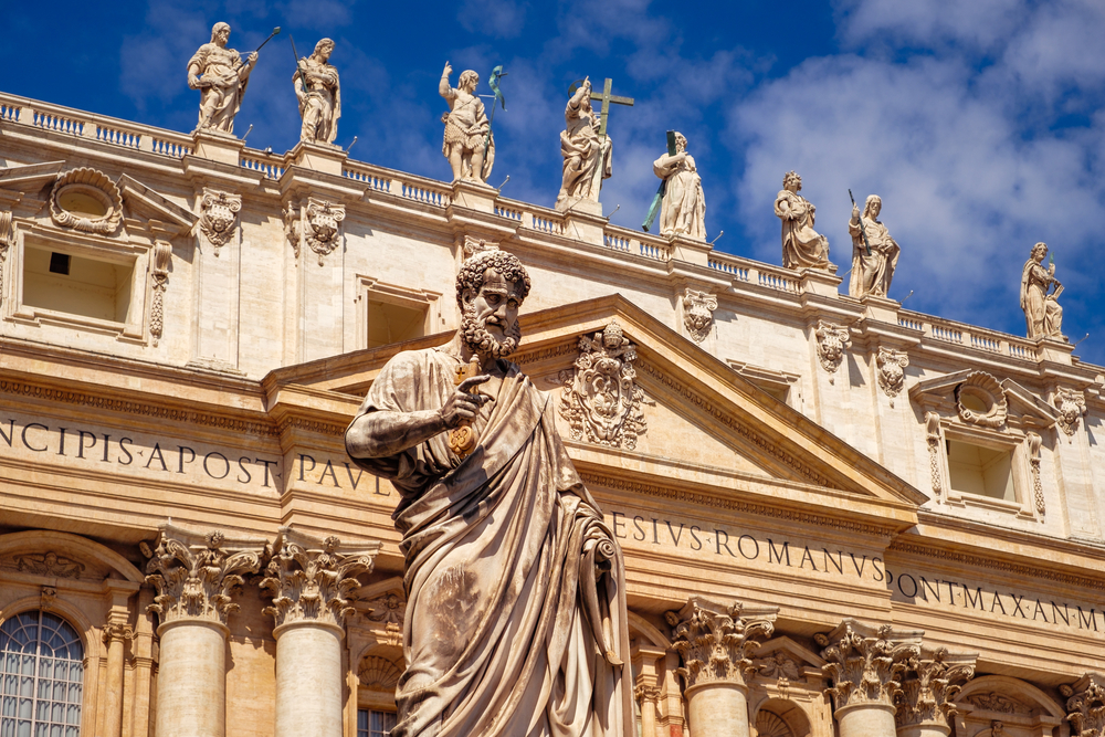 Detail of statue of St. Peter in front of St. Peter’s Basilica at the Vatican. | Credit: Martin M303/Shutterstock