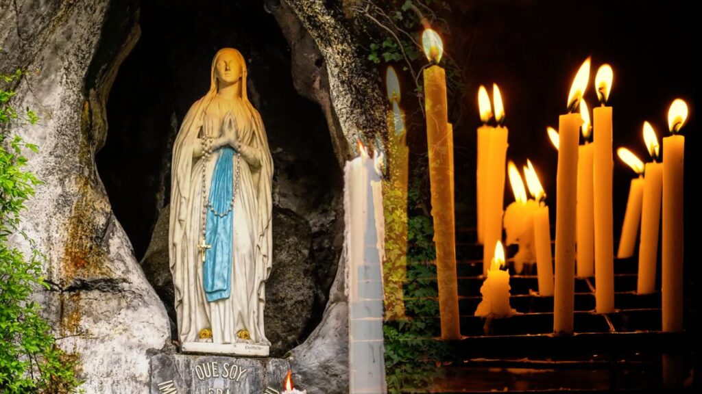 A statue of Our Lady of Lourdes in the grotto at the Shrine of Our Lady of Lourdes in Lourdes, France. Image created in Canva by Jacob Stein