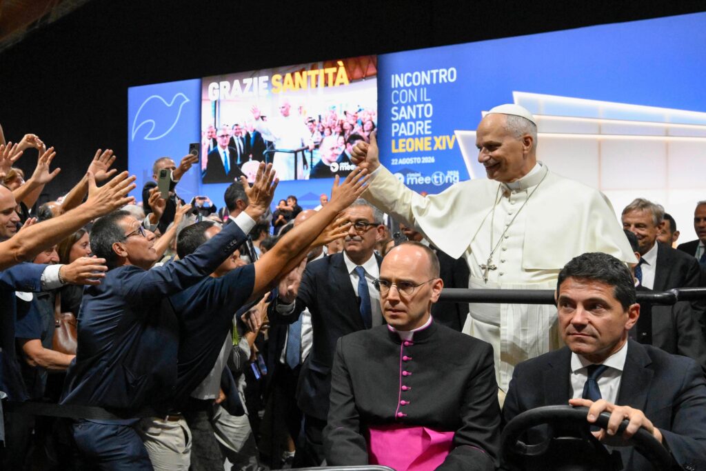 Pope Leo XIV greets attendees at the 47th Meeting for Friendship Among the Peoples in Rimini, Italy, Aug. 22, 2026. | Credit: Vatican Media