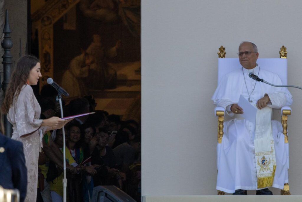Pope Leo XIV listens to a question from Karolina, a young woman from Zagreb, Croatia, at the GO! Franciscan Youth Meeting 2026 in Assisi, Italy, on August 6, 2026. | Credit: Daniel Ibáñez/EWTN News