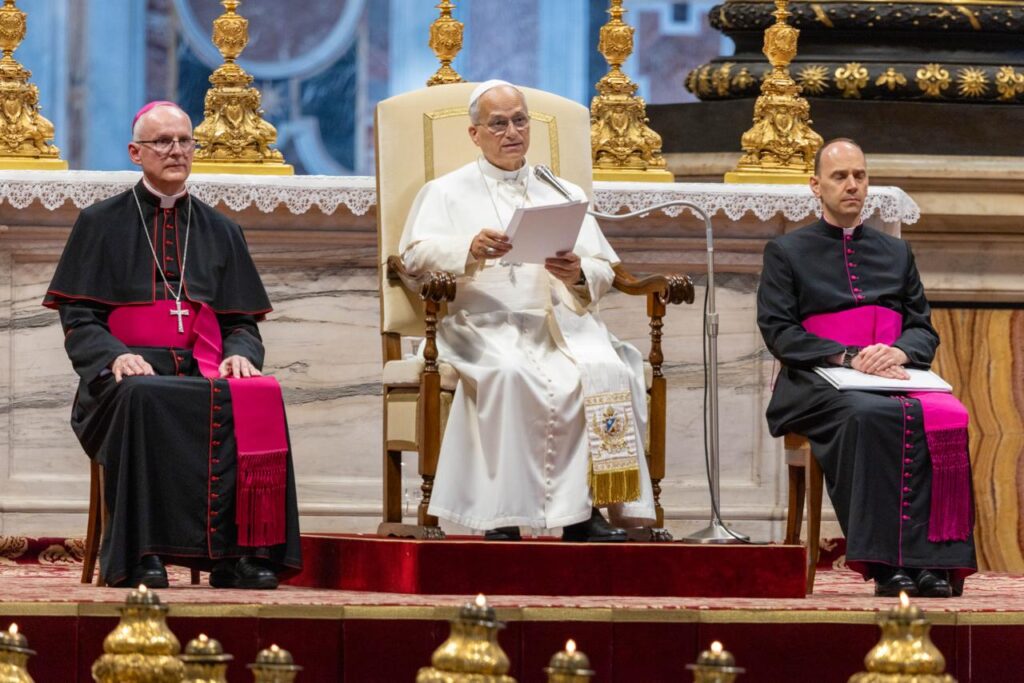 Pope Leo XIV delivers his weekly address during the general audience in St. Peter's Basilica on Aug. 12, 2026. | Credit: Daniel Ibáñez/EWTN News