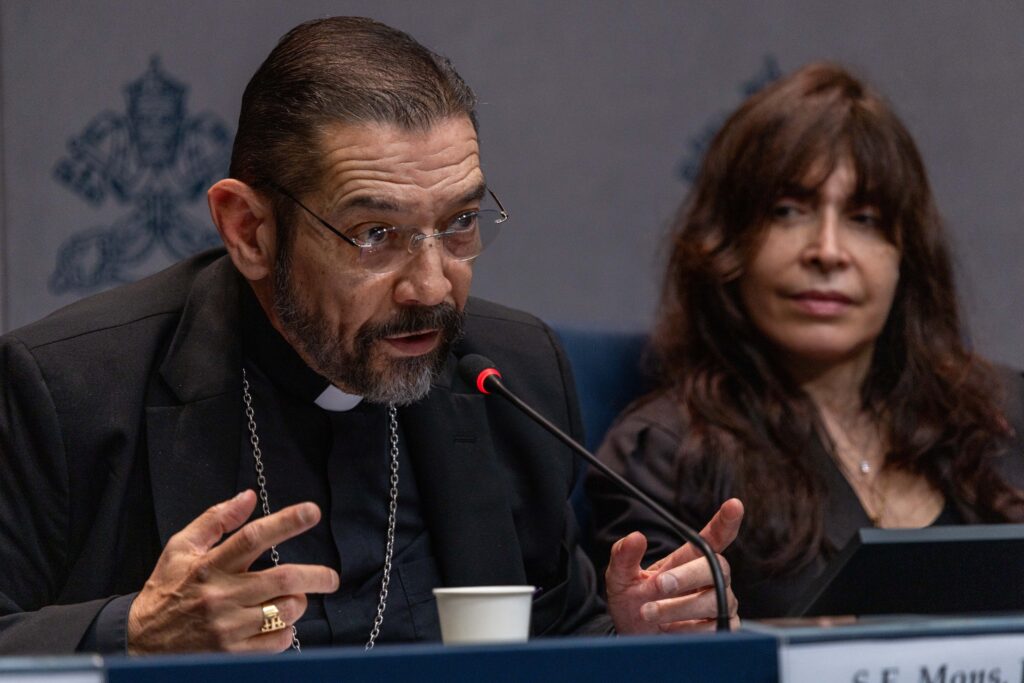 Bishop Daniel Flores, left, vice president of the United States Conference of Catholic Bishops, speaks at the Vatican on Sept. 11, 2026. Also pictured: Emilce Cuda, secretary of the Pontifical Commission for Latin America. | Credit: Daniel Ibáñez/EWTN News