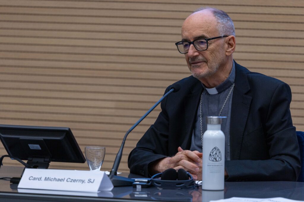 Cardinal Michael Czerny, SJ, speaks at the press conference on the Pope Leo XIV Sustainability Medal recipient at the Sala San Pio X in Rome on Sept. 14, 2026. | Credit: Daniel Ibanez/EWTN News