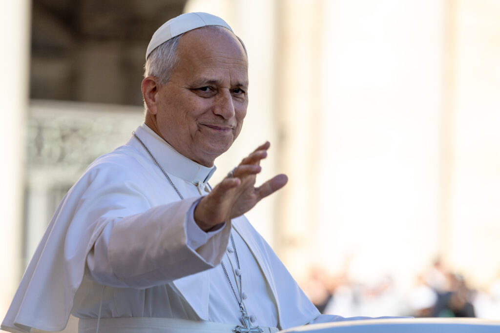 Pope Leo XIV waves to pilgrims while riding in his popemobile at the end of his Wednesday general audience in St. Peter’s Square on Sept. 16, 2026. | Credit: Daniel Ibañez/EWTN News