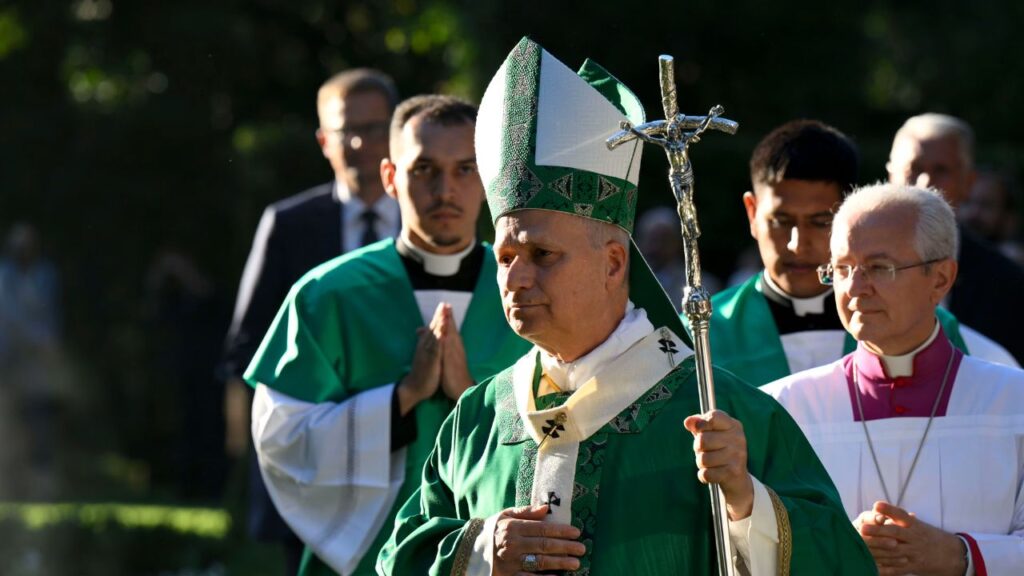 Pope Leo XIV processes in to the Mass for the World Day of Prayer for the Care of Creation on Sept. 1, 2026, in the Madonnina Garden of the Borgo Laudato Si’ within the pontifical gardens of Castel Gandolfo. | Credit: Vatican Media