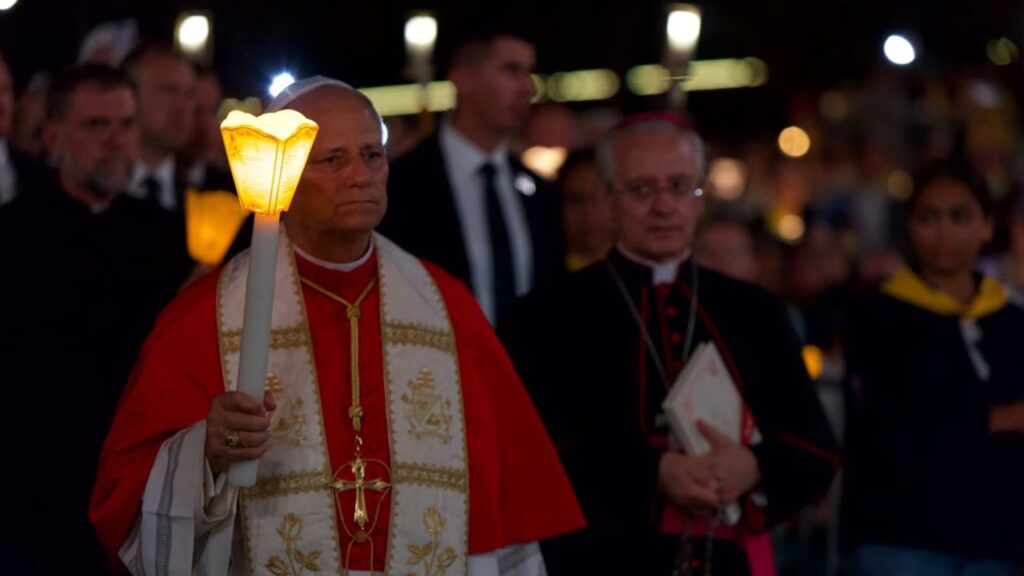 Pope Leo XIV leads an evening rosary and candlelit procession Sept. 27, 2026 at the Lourdes grotto, a Marian pilgrimage site in France dedicated to Our Lady of Lourdes. | Credit: Daniel Ibáñez/EWTN News