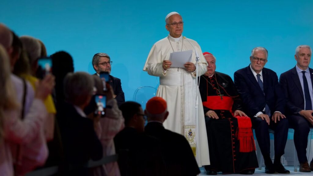 Pope Leo XIV delivers his remarks at an interreligious meeting at the Robert Schuman Conference Center in Metz, France, on Sept. 28, 2026. | Credit: Daniel Ibáñez/EWTN News