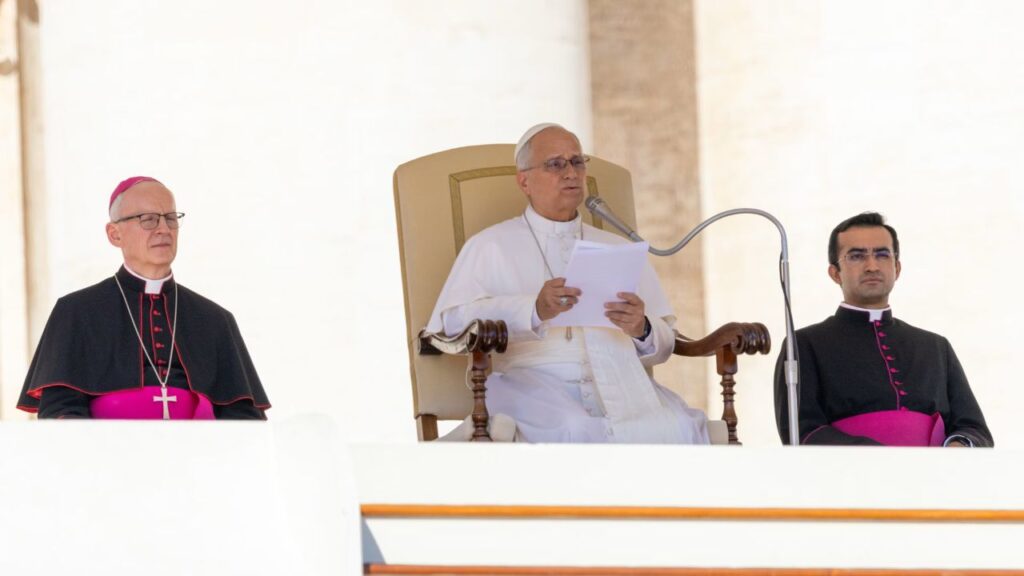 Pope Leo XIV speaks on the human community as described in “Gaudium et Spes” during his weekly general audience address in St. Peter’s Square on Sept. 16, 2026. | Credit: Daniel Ibañez/EWTN News
