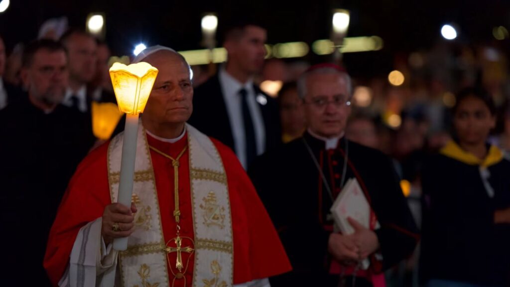 Pope Leo XIV leads an evening rosary and candlelit procession Sept. 27, 2026, at the Lourdes grotto, a Marian pilgrimage site in France dedicated to Our Lady of Lourdes. | Credit: Daniel Ibáñez/EWTN News