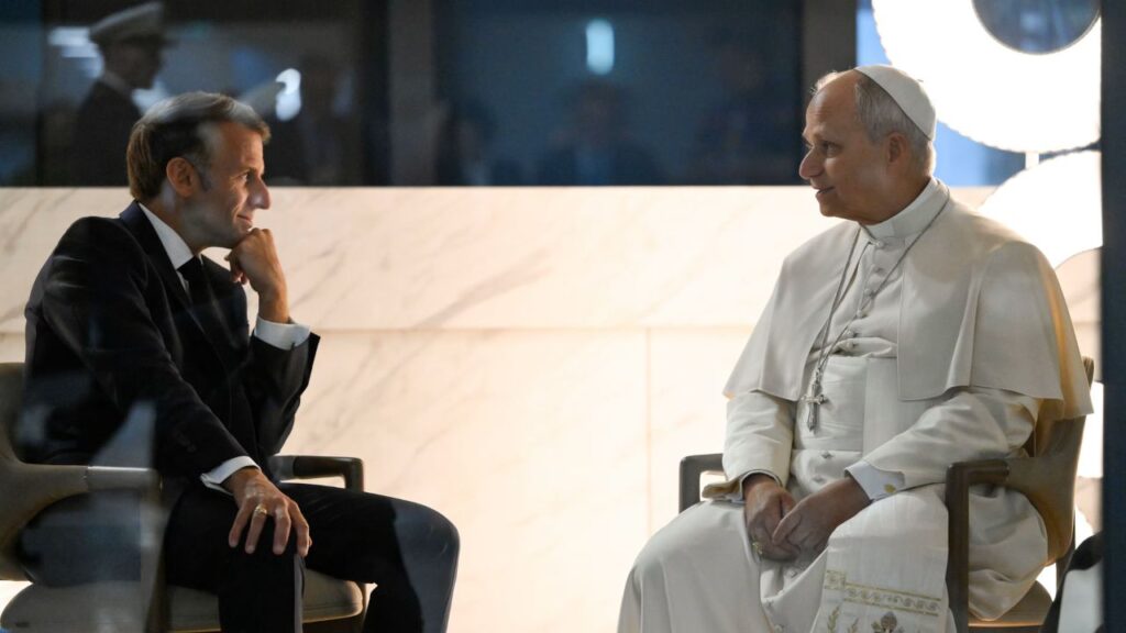 French President Emmanuel Macro and Pope Leo XIV meet one last time before the pope boards a plane back to Rome on Sept. 28, 2028. | Credit: Vatican Media