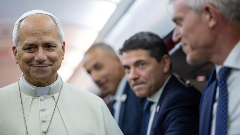 Pope Leo XIV speaks to reporters on his flight from Metz, France, to Rome on Sept. 28, 2026. | Credit: Daniel Ibáñez/EWTN News